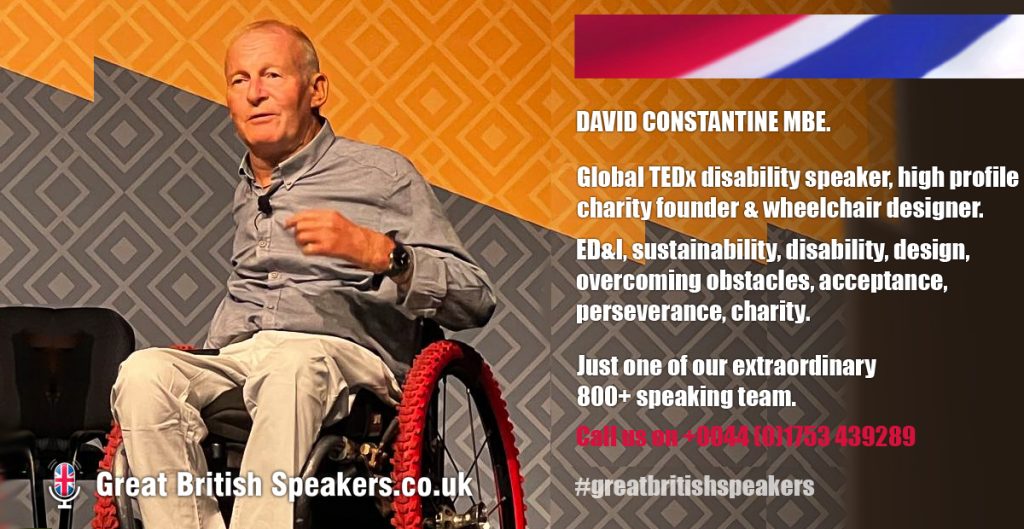 David Constantine MBE Disability Inclusion wheelchair designer expert TEDx speaker at agent Great British Speakers