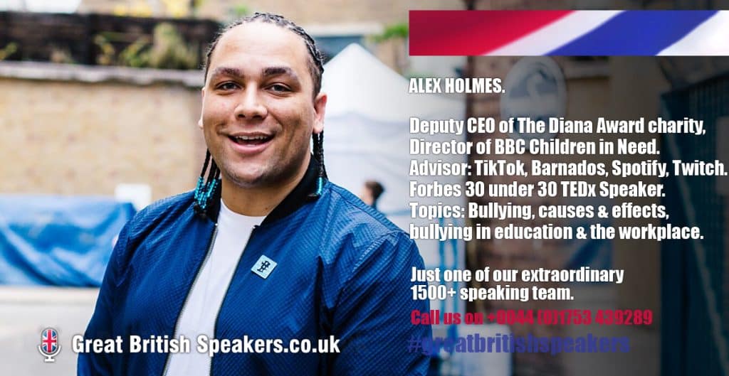 Alex Holmes Anti Bullying education campaigner Barnados Tedx Children in Need speaker book at agent Great British Speakers